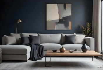 A modern living room with a gray sectional sofa, a wooden coffee table with decorative items, and a large abstract artwork on the wall.