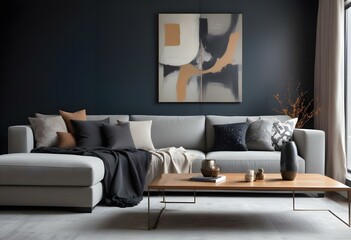 A modern living room with a gray sectional sofa, a wooden coffee table with decorative items, and a large abstract artwork on the wall.