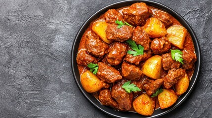 Delicious beef stew with tender potatoes, garnished with fresh parsley, served in a black bowl on a dark textured surface.