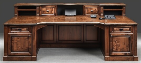 Elegant wooden office desk with hutch perfect for organizing your workspace on white background