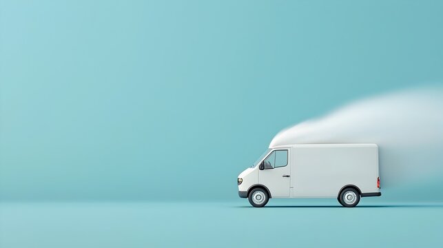Swirling Wind Surrounds Speeding Delivery Van Showcasing Express Shipping Urgency