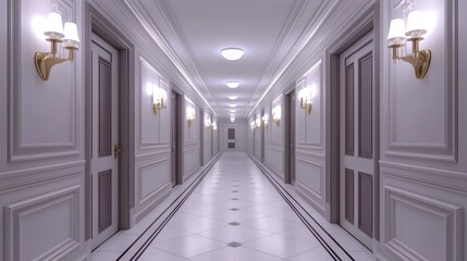 Obraz premium Elegant corridor with decorated walls, soft lighting, and classic doors creating a sophisticated atmosphere.