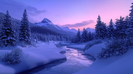 Fototapeta premium Serene winter landscape with a flowing river.