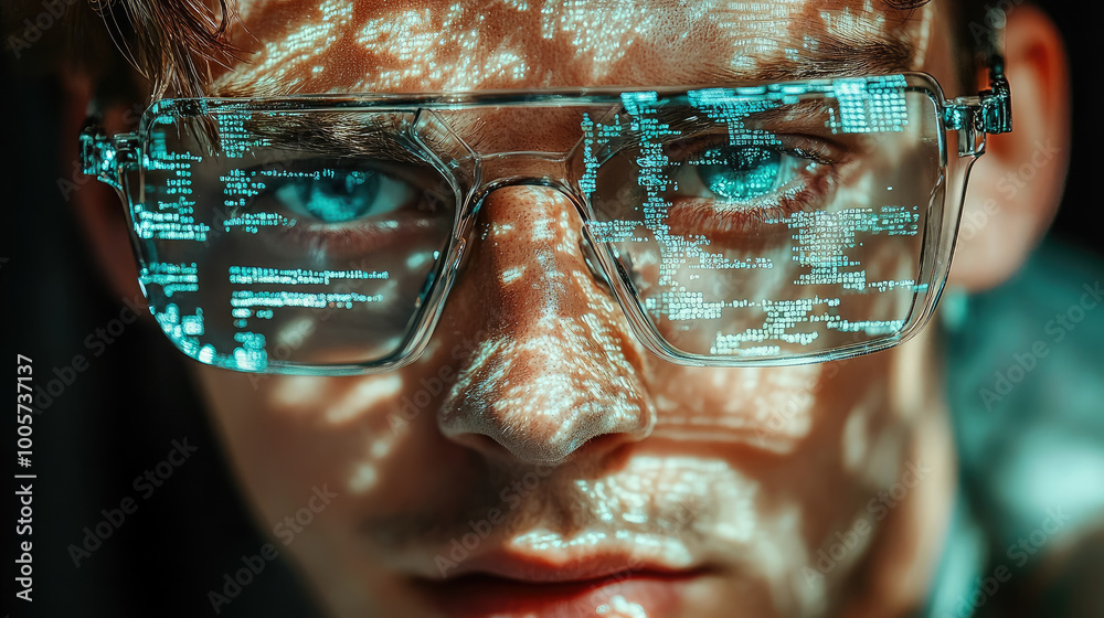 Wall mural young man with glasses programming on computer screen, lines of code, science, programmer, scientist
