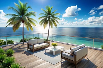 Fototapeta premium A sunny outdoor terrace featuring lush palm trees, overlooking a peaceful ocean. The bright daylight enhances the