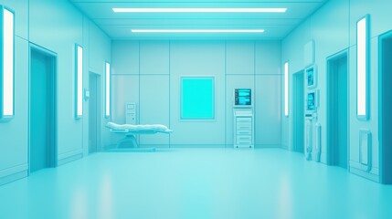 Futuristic hospital room with blue lighting and minimalist design, featuring a patient bed and medical equipment.