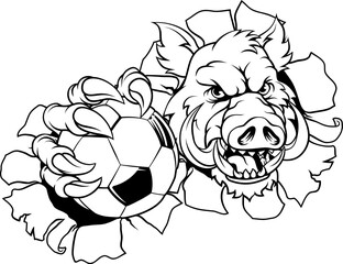 A wild boar, hog razorback warthog pig mean tough cartoon sports mascot holding a soccer football ball