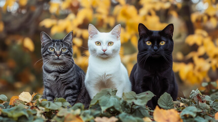 Three cats are sitting on a leafy green bush. One is black, one is white, and one is gray