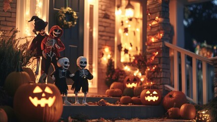 Obraz premium Skeleton Family Posing on a Porch Decorated for Halloween