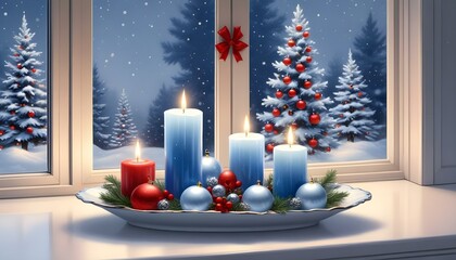 Blue lit candles surrounded by Christmas decorations, creating an elegant and serene holiday atmosphere, perfect for winter celebrations and festive decor