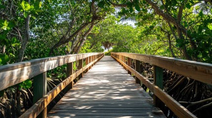Serene boardwalk through lush mangrove trees