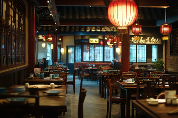 A restaurant with a lot of tables and chairs. The tables are mostly empty
