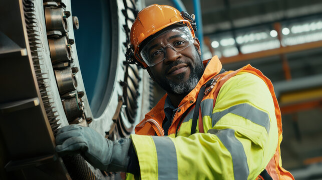 Worker in safety gear at machinery site