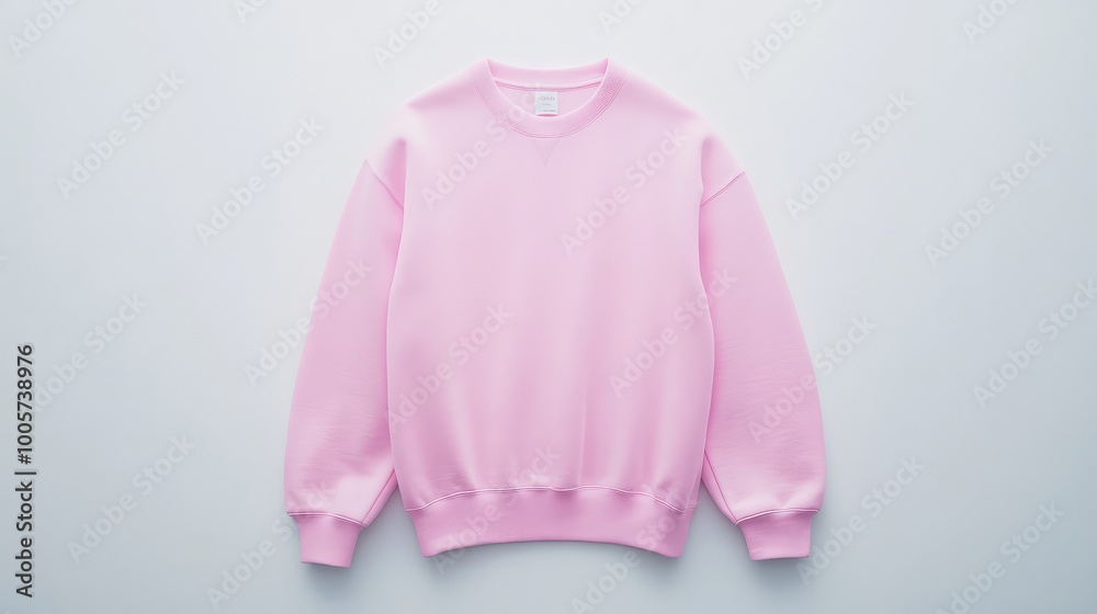 Wall mural Pink crew neck sweatshirt flat lay on a white studio floor, smooth chest, no creases, styled with subtle sleeve folds, hyper-realistic detail.