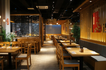 A restaurant with a lot of tables and chairs. The tables are mostly empty