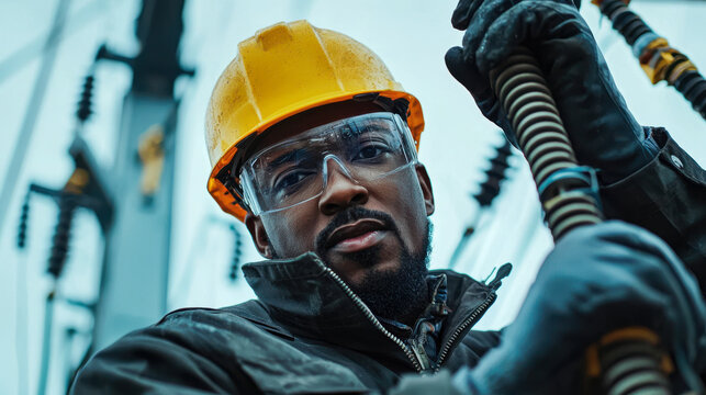 Worker in safety gear at power station