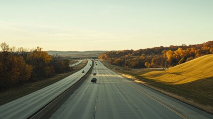 Serene Highway Scene with Autumn Colors and Clear Skies