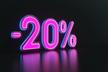 A bright neon -20% sign in pink and blue, glowing and reflecting on a dark, shiny floor