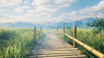 Fototapeta premium A bamboo walkway leads across a grassy area, with plenty of space for you to add your own content.