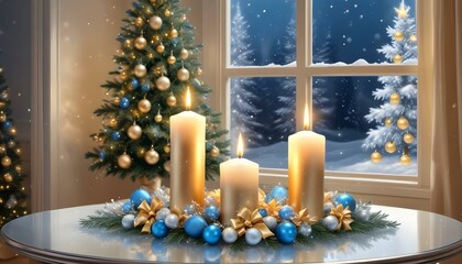 White lit candles surrounded by Christmas decorations, creating an elegant and serene holiday atmosphere, perfect for winter celebrations and festive decor