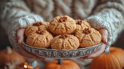 A person holds a plate of pumpkin-shaped cookies, surrounded by pumpkins, evoking autumn vibes.