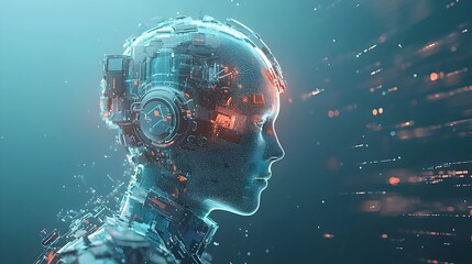 Transparent Digital Human Figure Glowing in Futuristic Cityscape