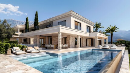 Fototapeta premium Stunning Modern Villa Featuring a Luxurious Swimming Pool, Perfect for Dream Homes and Relaxation