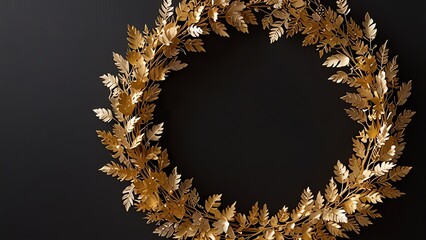 a gold wreath with a black background and a gold leaf.