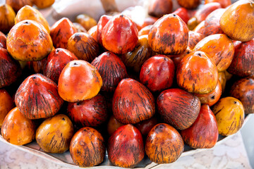 Close-up of fresh chontaduros, known as fruits of the chontaduro palm, fruits, oval in shape and a...