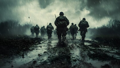A platoon of soldiers moving through a rainsoaked battlefield, mud and water splashing underfoot, on a grey stormy sky background
