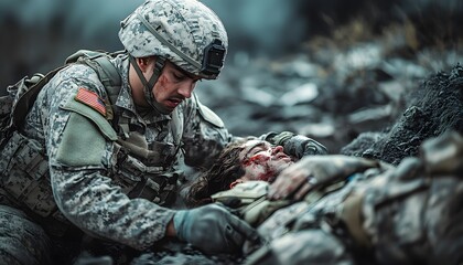 Obraz premium A military medic treating a wounded soldier on the battlefield, showing calm under pressure, on a gritty grey battlefield background