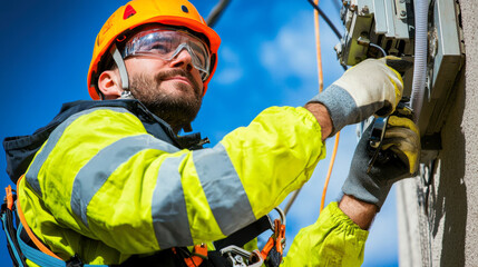 Worker installing communication equipment