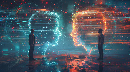 Businessmen negotiating a futuristic collaboration with artificial intelligence