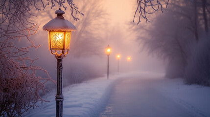 Old street lanterns in a snowy square