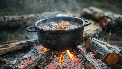 Scene of a cast iron pot cooking over a crackling campfire, surrounded by logs and glowing embers, capturing the essence of outdoor cooking.