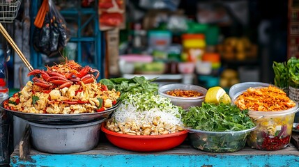 Vibrant and Authentic Som Tum Thai Salad with Fresh Crab and Savory Fermented Fish Sauce Displayed in a Lively and Colorful Street Market Atmosphere