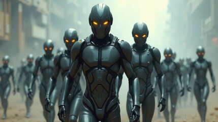 Naklejka premium Futuristic Cybernetic Warriors with Metallic Bodies in Dystopian Battlefield