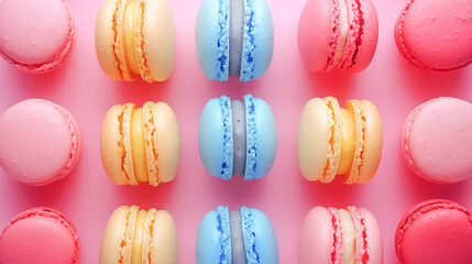 Colorful macarons forming a pattern on pink background for pastry day