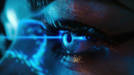 close up of human eye illuminated by vibrant blue light, showcasing intricate details and reflections. image evokes sense of wonder and technological advancement