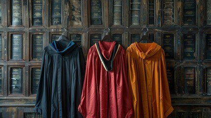 Naklejka premium Graduation Robes Hanging in a Library