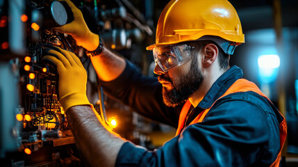 Worker repairing machinery in a factory setting