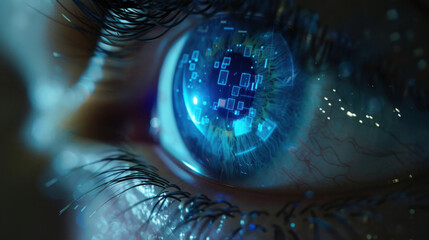 image showcases close up of eye with digital interface reflected in iris, symbolizing technology and vision. intricate details evoke sense of innovation and futuristic concepts