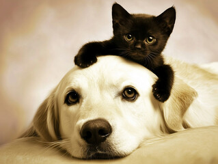 Cute little black kitten on top of adorable yellow dog best animal friends