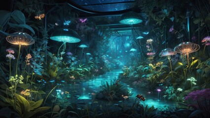 Magical bioluminescent garden glowing at night with river and butterflies