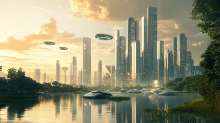 A serene futuristic cityscape featuring sleek skyscrapers hovering vehicles and advanced sustainable architecture  A vibrant blend of nature and technology
