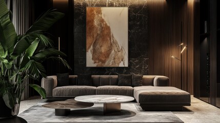 Modern living room featuring a stylish sofa, artwork, and indoor plant.