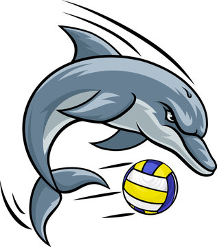 Dolphin animal mean tough volleyball sports team mascot hitting a volleyball ball