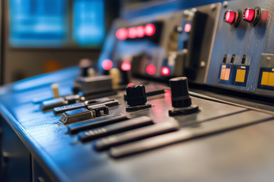 A control panel with buttons and knobs with a blue background. The buttons and knobs are red and black