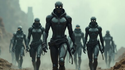 Naklejka premium Futuristic Cybernetic Warriors with Metallic Bodies in Dystopian Battlefield
