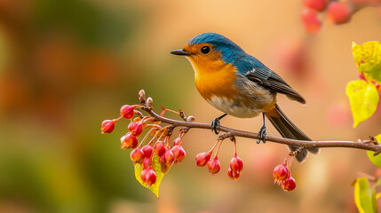 A bird is perched on a branch with red berries. The bird is blue and orange. The image has a peaceful and serene mood